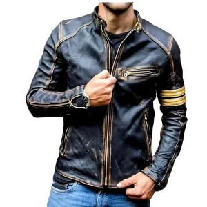 Men's Motorcycle Biker Leather Jacket Distressed Café Racer Genuine Lambskin