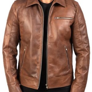 Cafe Racer Men's Leather Jacket Moto Brown Genuine Sheep skin Leather