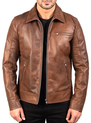 Cafe Racer Men's Leather Jacket Moto Brown Genuine Sheep skin Leather