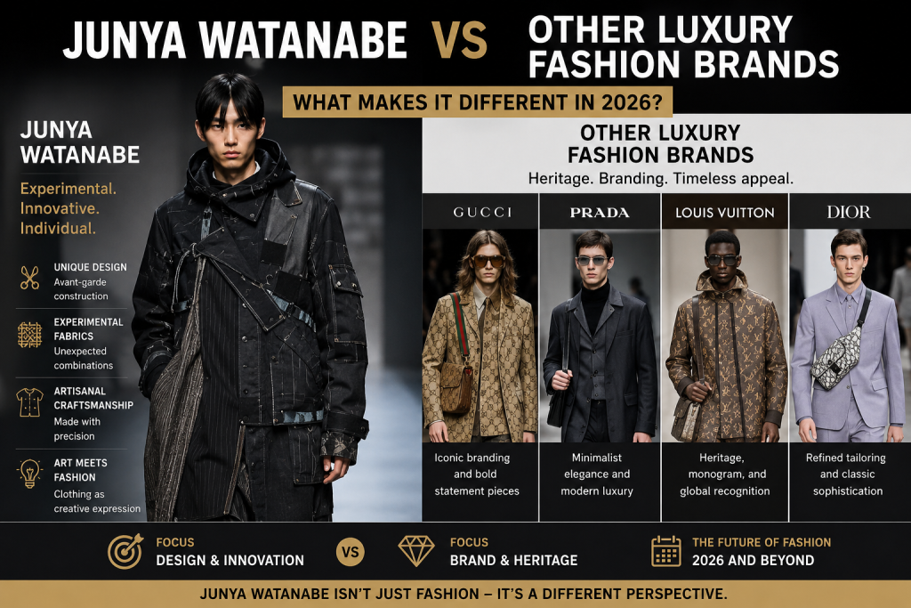 Junya Watanabe compared with other luxury fashion brands highlighting creative design and premium craftsmanship.