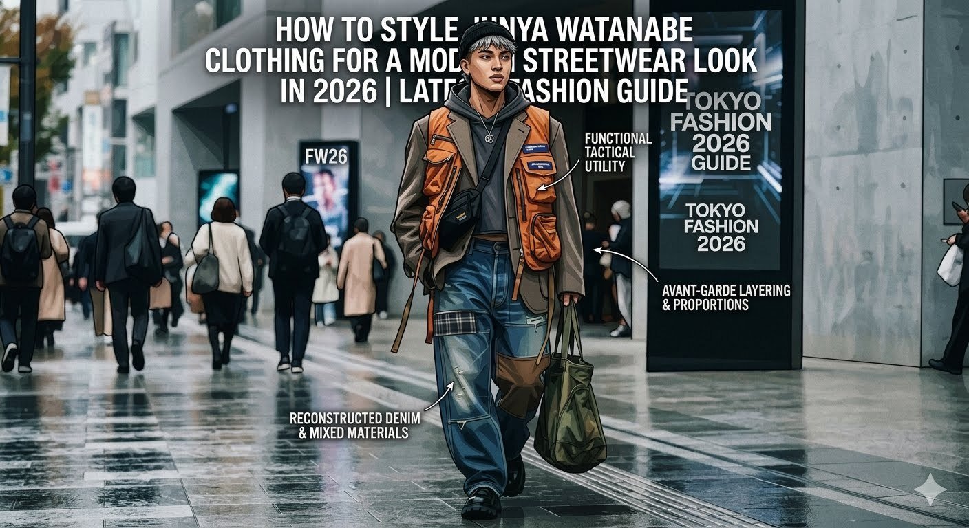 How to Style Junya Watanabe Clothing for a Modern Streetwear Look with a designer jacket, relaxed fit pants, clean sneakers, and modern urban fashion accessories in 2026.