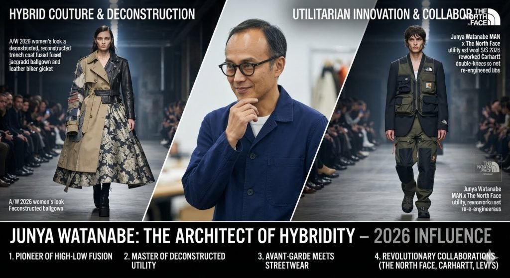 Junya Watanabe showcasing innovative luxury fashion designs on the runway, highlighting why he is one of the most influential fashion designers today.