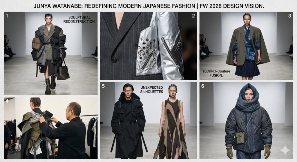 Junya Watanabe showcasing modern Japanese fashion with innovative designer clothing, premium craftsmanship, and contemporary luxury style on the runway.