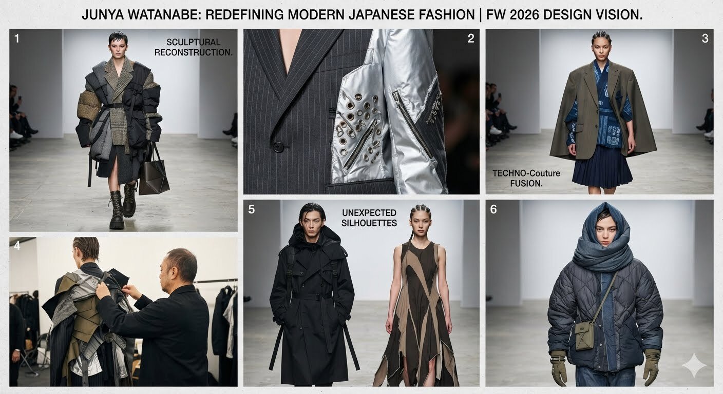 Junya Watanabe showcasing modern Japanese fashion with innovative designer clothing, premium craftsmanship, and contemporary luxury style on the runway.