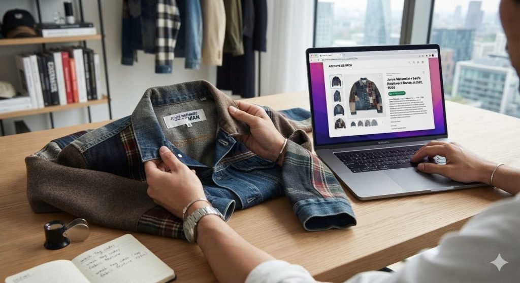 Authentic Junya Watanabe clothing displayed on a fashion rack, featuring premium jackets, shirts, and designer apparel that showcase the brand's signature craftsmanship and modern Japanese fashion style.