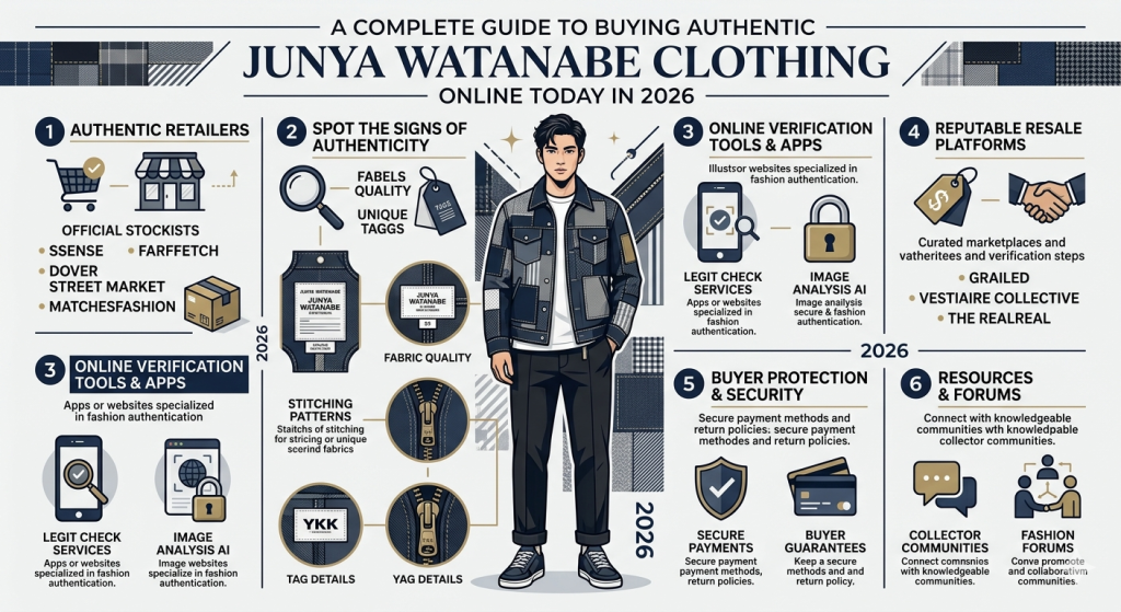 Guide explaining how to buy authentic Junya Watanabe clothing online with tips on spotting real items, trusted sellers, and safe shopping methods in 2026.