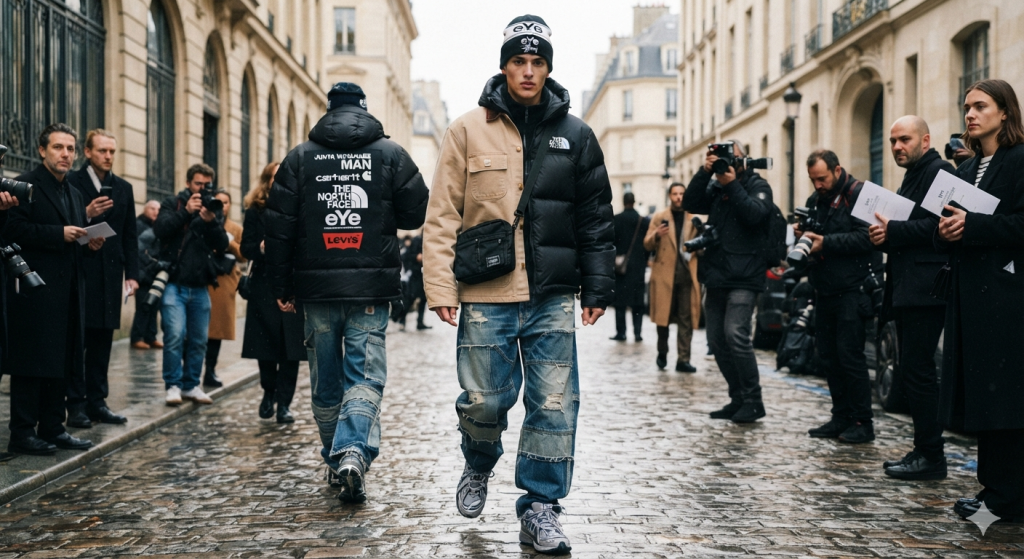 Best Junya Watanabe collaborations that changed fashion showcasing iconic designs with Levi Strauss, The North Face, New Balance, Converse, and Supreme influence on modern streetwear and luxury style.